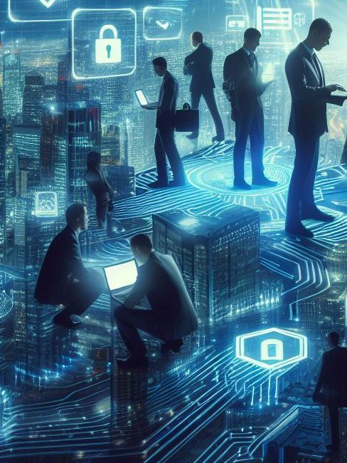 People looking at laptop screens in a futuristic landscape
